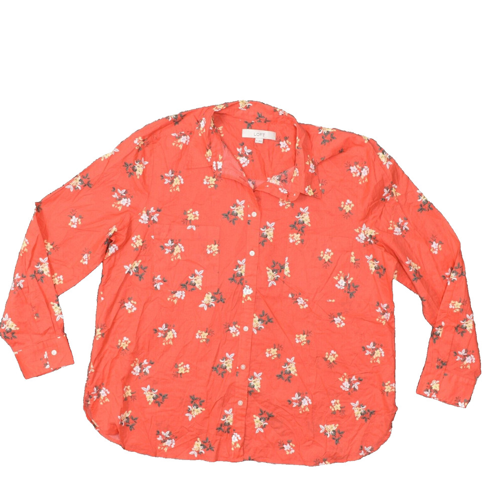 LOFT Coral Floral Button-Front Short Sleeve Top